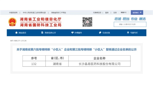 晶易醫(yī)藥成功通過第三批國(guó)家級(jí)專精特新“小巨人”復(fù)核